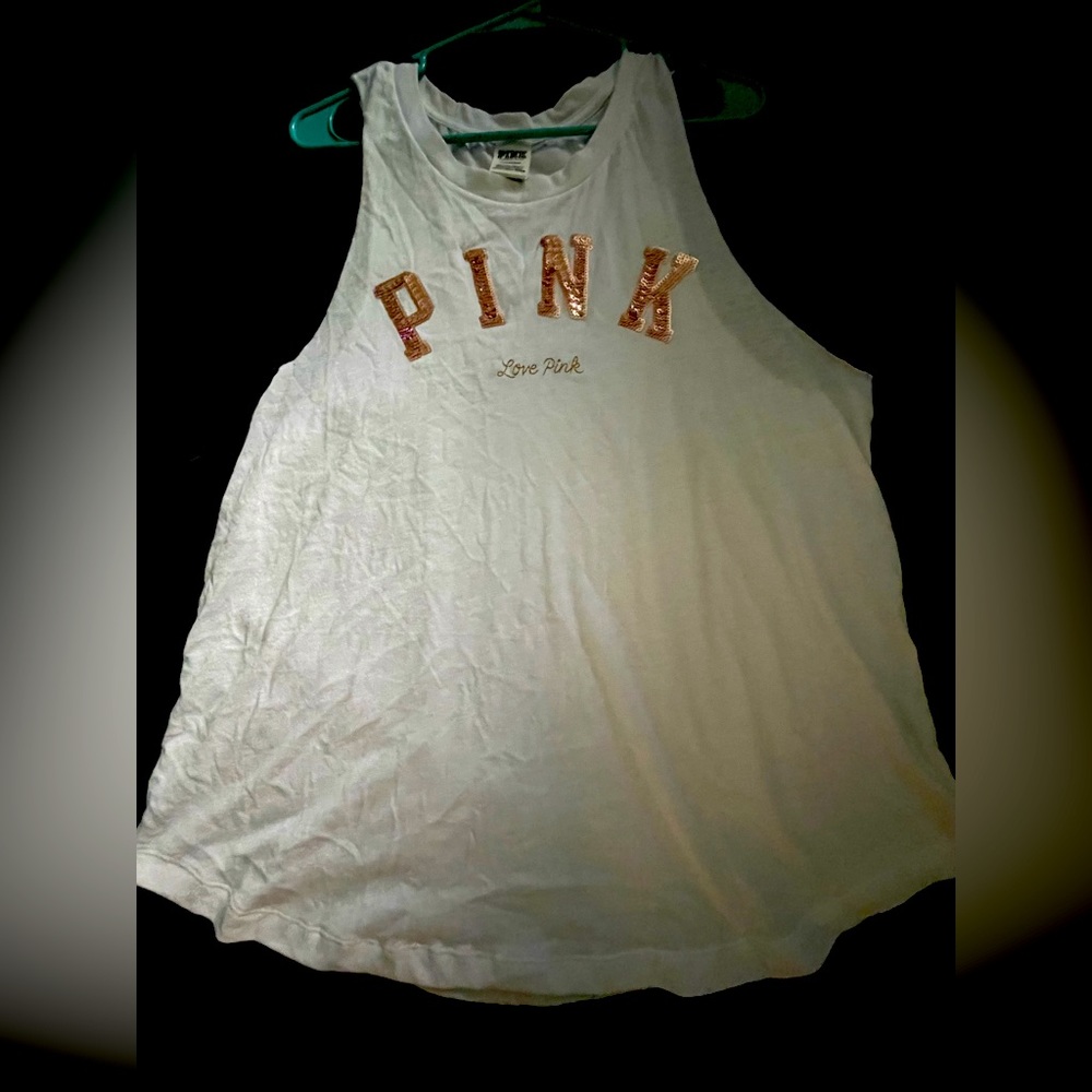 VICTORIAS SECRET PINK EVERYDAY RACERBACK TANK TOP WHITE ROSE GOLD - Size Large